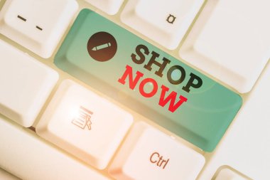 Conceptual hand writing showing Shop Now. Business photo text the action or activity of purchasing goods from stores or online.