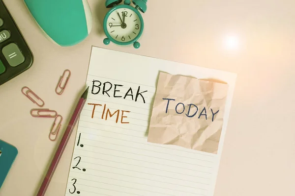 Text sign showing Break Time. Conceptual photo scheduled time when workers stop working for a brief period Calculator clips clock clipboard mouse sheet note pencil color background.