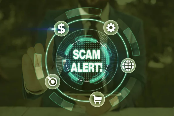 Conceptual hand writing showing Scam Alert. Business photo showcasing fraudulently obtain money from victim by persuading him. — Stock Photo, Image