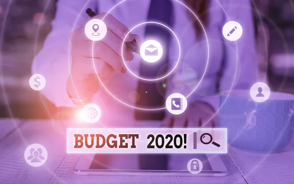 Κείμενο συγγραφής λέξεων Προϋπολογισμός 2020. Επιχειρηματική έννοια για την εκτίμηση των εσόδων και των δαπανών για το επόμενο ή το τρέχον έτος. — Φωτογραφία Αρχείου