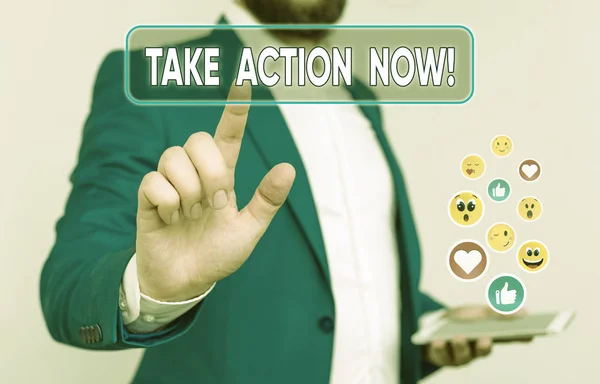 Texto de escrita de palavras Take Action Now. Conceito de negócio para fazer algo oficial ou concertado alcançar objetivo com problema . — Fotografia de Stock
