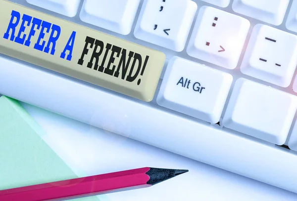 Word writing text Refer A Friend. Business concept for direct someone to another or send him something like gift. — Stock Photo, Image