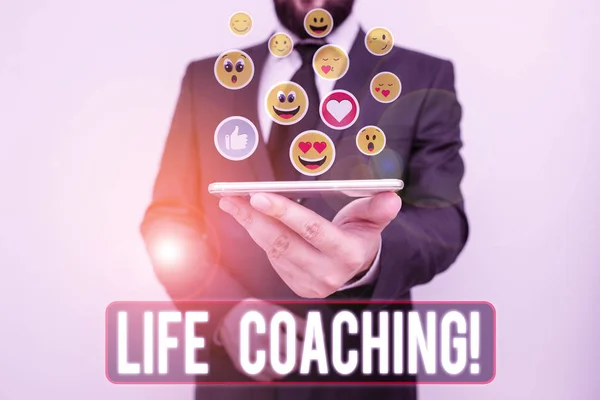 Schrijf notitie met Life coaching. Zakelijke fotopresentatie demonstreren om te helpen tonen hun doelen te behalen in de loopbaan. — Stockfoto