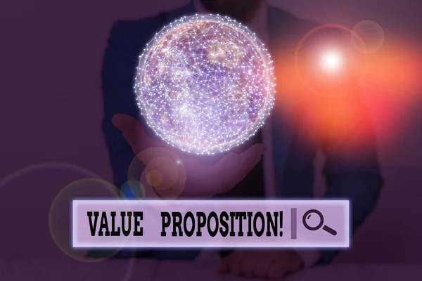 Writing note showing Value Proposition. Business photo showcasing innovation service intended make product attractive Elements of this image furnished by NASA. — Stock Photo, Image