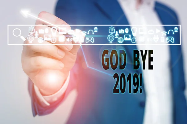 Текст написання слів God Bye 2019. Бізнес-концепція для вираження добрих побажань при розлученні або в кінці минулого року . — стокове фото