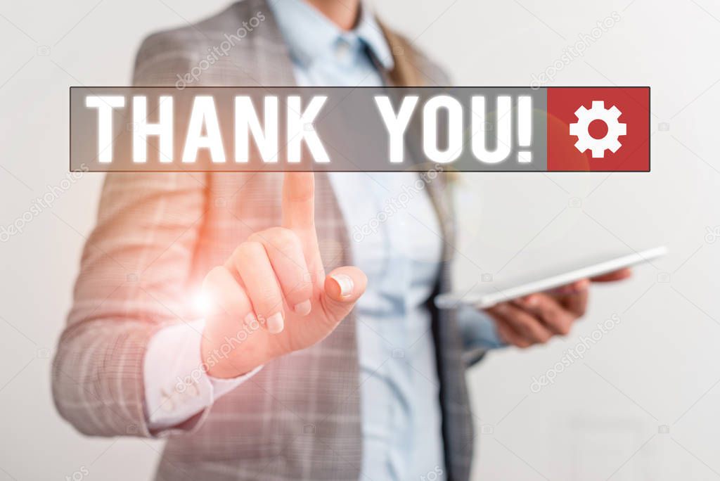 Conceptual hand writing showing Thank You. Business photo showcasing polite expression used when acknowledging gift service compliment Business concept with mobile phone and business woman.