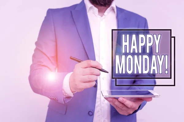 Handwriting text writing Happy Monday. Concept meaning telling that demonstrating order to wish him great new week Businessman with pointing finger in front of him.