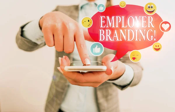 Writing note showing Employer Branding. Business photo showcasing promoting company employer choice to desired target group.