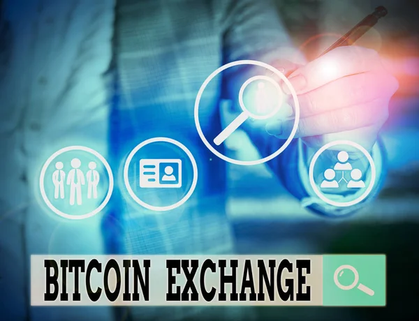 Schreibrote, die den Bitcoin-Tausch zeigen. Business-Foto zeigt digitalen Marktplatz, auf dem Händler Bitcoins kaufen und verkaufen können. — Stockfoto