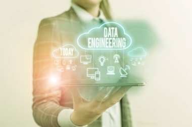 Conceptual hand writing showing Data Engineering. Business photo showcasing data science that focuses on practical applications of data.