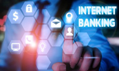 İnternet bankacılığını gösteren kavramsal el yazısı. İşletme fotoğrafı işlemleri elektronik olarak yürütülen bankacılık yöntemi.