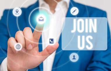 Kelime yazma metni Bize katılın. Topluluk Ekibine Kaydolmak için iş konsepti veya sosyal medyada kaydolun.