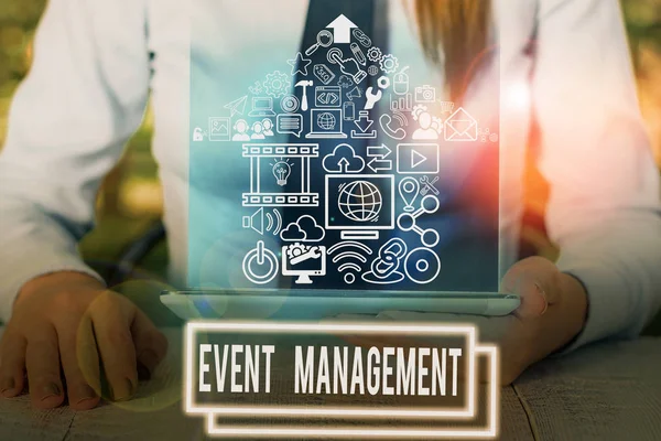 Skrivanteckning som visar Event Management. Företagsfoto visa upp jobb med att planera och analysera stora evenemang eller konferenser. — Stockfoto