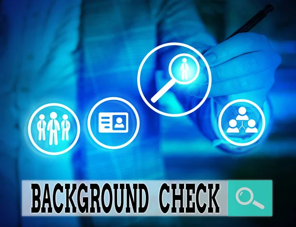 Writing note showing Background Check. Business photo showcasing investigation into a demonstrating s is origins and previous history. — Stock Photo, Image