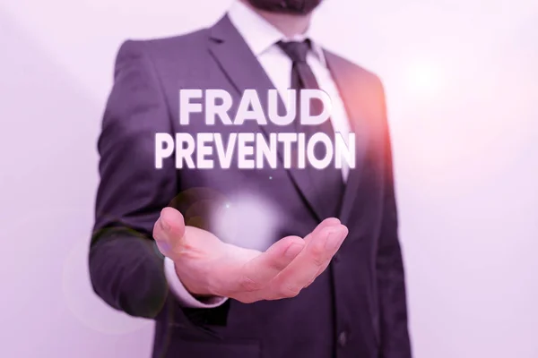 Conceptual hand writing showing Fraud Prevention. Business photo text the act of stopping various types of internet fraud Male human with beard wear formal working suit clothes hand. — Stock Photo, Image