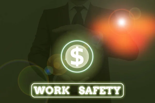 Escritura manual conceptual que muestra la seguridad en el trabajo. Fotografía comercial que muestra las políticas y procedimientos establecidos para garantizar la seguridad en el lugar de trabajo . —  Fotos de Stock