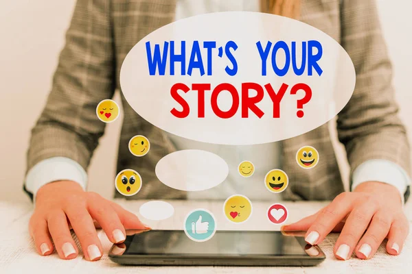 Texto de escritura de palabras What S Your Story Question. Concepto de negocio para preguntar demostrando sobre sus eventos de acciones de vidas pasadas . —  Fotos de Stock
