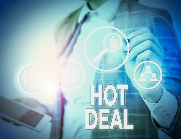 Fogalmi kézírás a Hot Deal-ről. Üzleti fotó szöveg Egy megállapodás, amelyen keresztül az egyik paties kínálnak és elfogadnak. — Stock Fotó