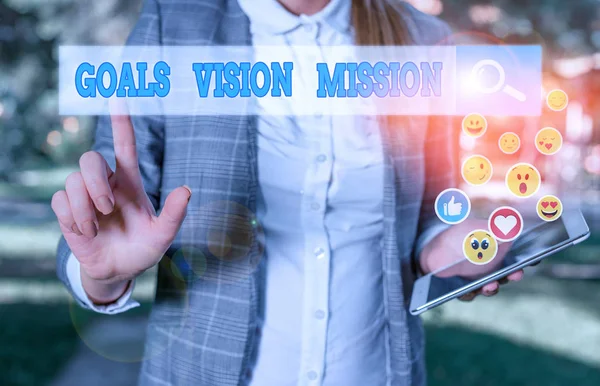 Konceptuell hand skrivning visar mål vision mission. Affärs foto Visa upp praktisk planeringsprocess som används för att hjälpa gemenskap grupp. — Stockfoto