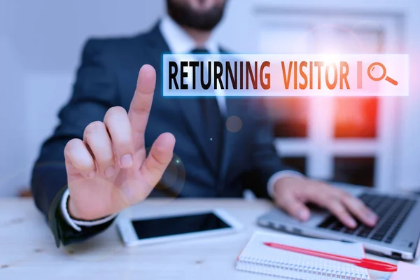 Word writing text Returning Visitor. Business concept for when someone returns to your website multiple times Male human wear formal clothes present presentation use hi tech smartphone. — Stock Photo, Image