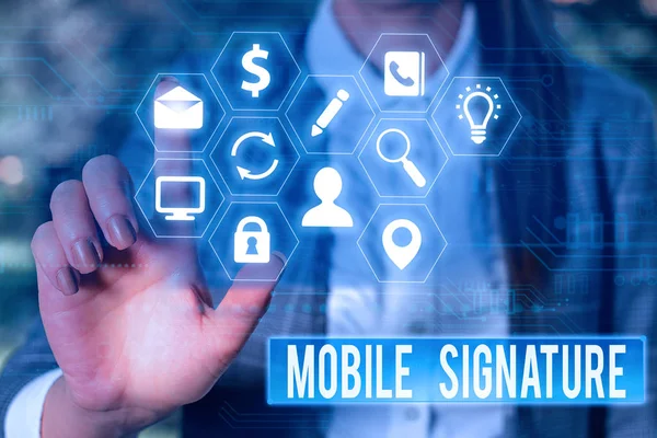 Ecriture conceptuelle montrant Mobile Signature. Photo d'affaires présentant la signature numérique générée soit sur un téléphone mobile . — Photo
