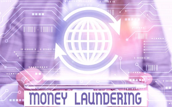 Wort schreibt Text Geldwäsche. Geschäftskonzept zur Verschleierung der Herkunft illegal erworbenen Geldes. — Stockfoto