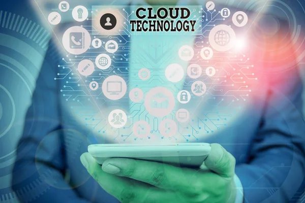 Piszę notatkę pokazującą Cloud Technology. Business photo showcasing on deanalysisd dostępność zasobów systemu komputerowego. — Zdjęcie stockowe