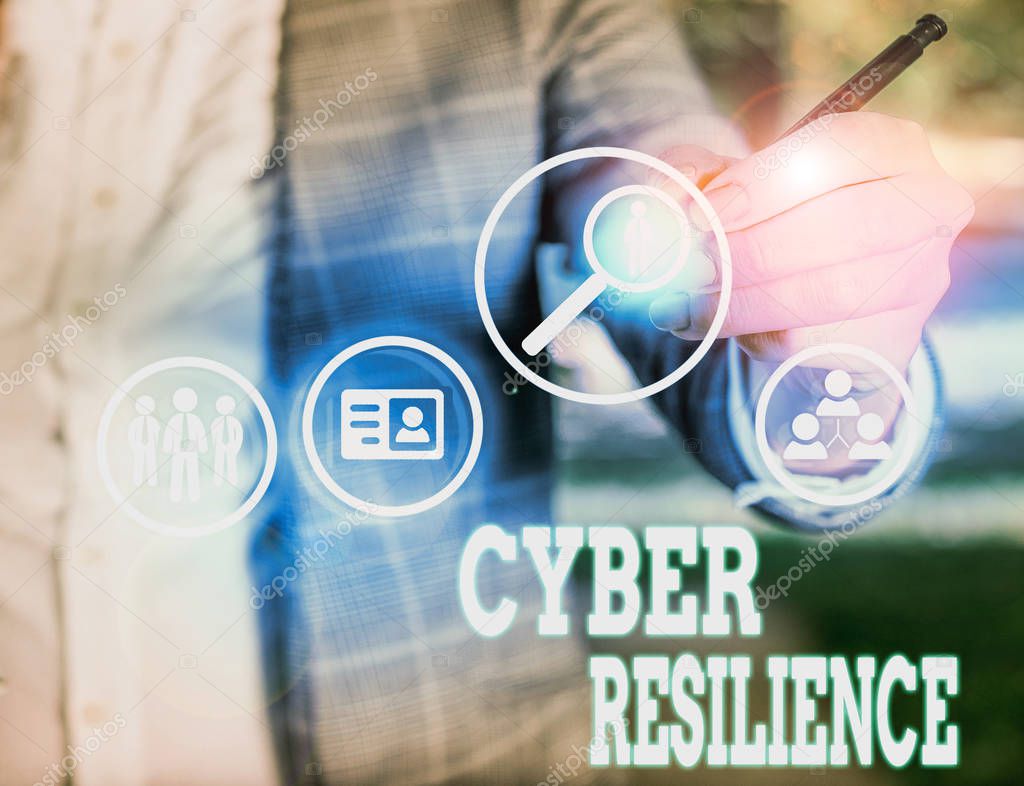 Conceptual hand writing showing Cyber Resilience. Business photo showcasing measure of how well an enterprise can analysisage a cyberattack.