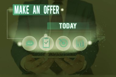 Make a Offer 'ı gösteren bir not yazıyorum. İş fotoğrafı sergisi Teklifi Gönüllü Teklif Sunucusu Bağış Bağışını Getirin.