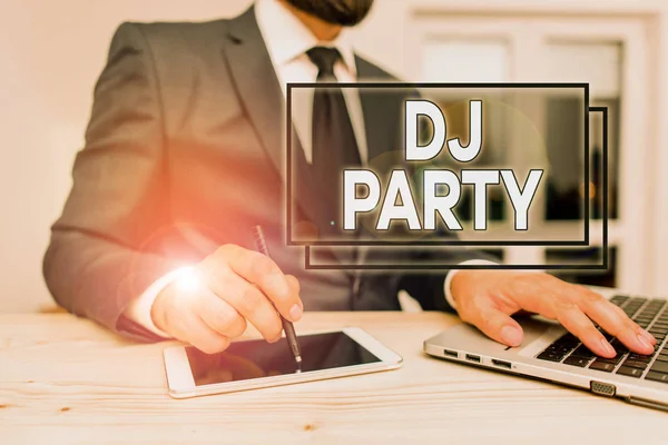 Writing note showing Dj Party. Business photo showcasing demonstrating who introduces and plays recorded popular music on radio Male human wear formal clothes present use hitech smartphone. — Stock Photo, Image
