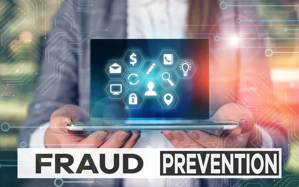 Writing note showing Fraud Prevention. Business photo showcasing the act of stopping various types of internet fraud. — Stock Photo, Image
