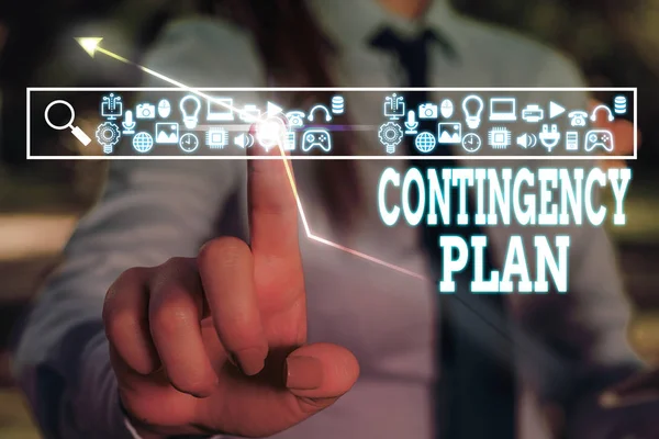 Text sign showing Contingency Plan. Conceptual photo A plan designed to take account of a possible future event.