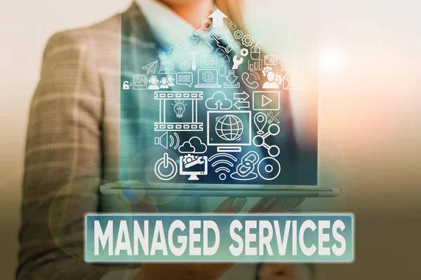 Text sign showing Managed Services. Conceptual photo company that remotely analysisages customer s is IT infrastructure. — Stock Photo, Image