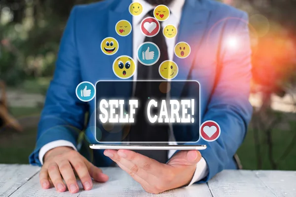 Text sign showing Self Care. Conceptual photo the practice of taking action to improve one s is own health. — Stock Photo, Image
