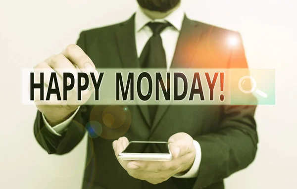 Text sign showing Happy Monday. Conceptual photo telling that demonstrating order to wish him great new week Male human wear formal work suit hold smart hi tech smartphone use one hand.