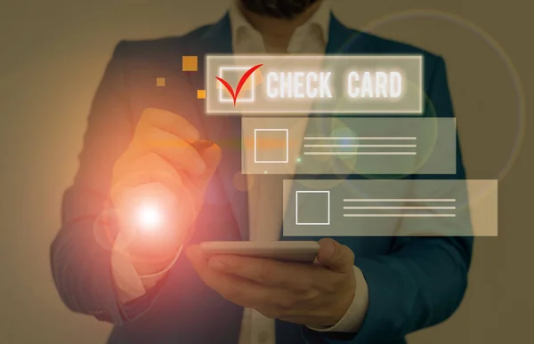 Pismo odręczne Check Card. Znaczenie pojęcia umożliwia posiadaczowi rachunku dostęp do środków na jej rachunku. — Zdjęcie stockowe