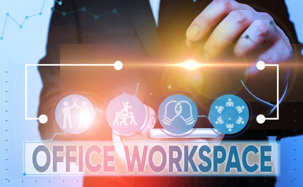 Signo de texto que muestra Office Workspace. Foto conceptual cualquier lugar o lugar donde se realice el trabajo de demostración . — Foto de Stock