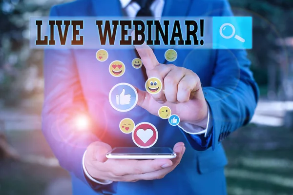 Kelime yazma metni Live Webinar. Web üzerinden aktarılan sunum konuşması veya seminer için iş konsepti.
