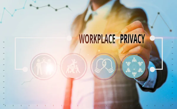 Koncepcionális kézírás a munkahelyi adatvédelemről. Üzleti fotó, amely bemutatja az egyéni magánélet védelmét a munkahelyen. — Stock Fotó