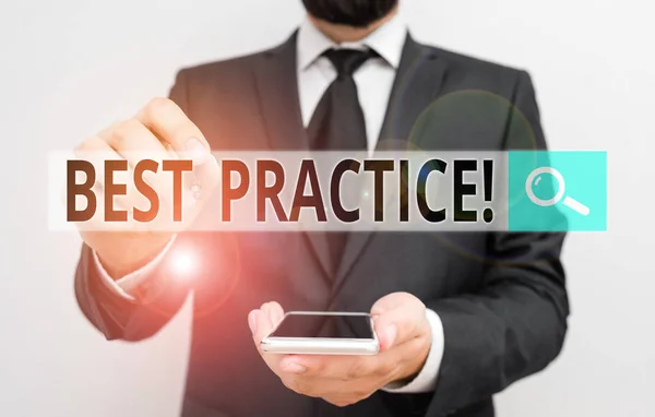 Text sign showing Best Practice. Conceptual photo commercial procedures accepted prescribed being correct Male human wear formal work suit hold smart hi tech smartphone use one hand. — Stock Photo, Image