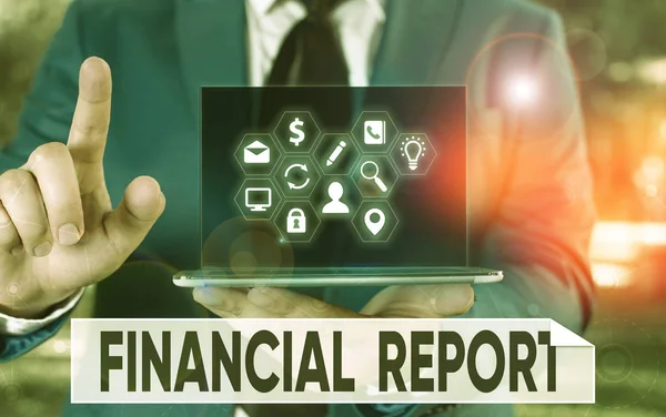 Konceptualny rękopis przedstawiający Raport Finansowy. Biznes zdjęcie tekst formalne zapisy działalności finansowej przedsiębiorstwa. — Zdjęcie stockowe