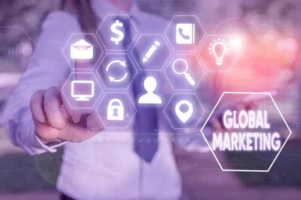 Schreibnotiz, die globales Marketing zeigt. Business-Foto präsentiert Firma verkauft die gleichen Produkte auf dem globalen Markt. — Stockfoto