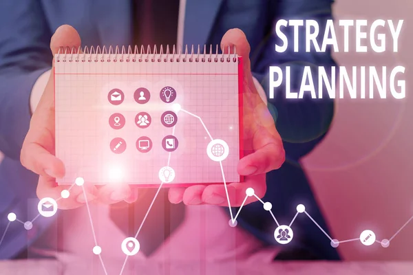 Writing note showing Strategy Planning. Business photo showcasing A systematic process of envisioning a desired future. — Stock Photo, Image