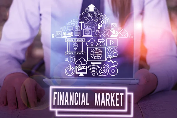 Nota escrita que muestra el mercado financiero. Foto comercial que muestra el mercado en el que se muestran los valores financieros comerciales . —  Fotos de Stock