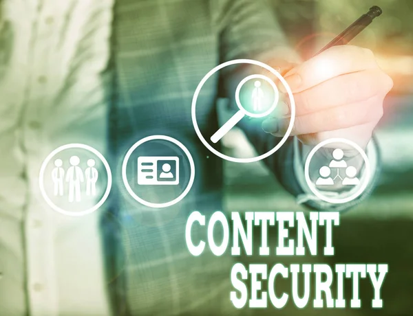 Conceptual hand writing showing Content Security. Business photo showcasing the protection against deliberate threats to content.