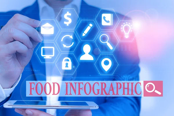 Sinal de texto mostrando Infográfico de Alimentos. Imagem visual de foto conceitual, como diagrama usado para representar informações . — Fotografia de Stock