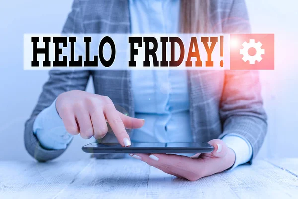 Handwriting text Hello Friday. Concept meaning used to express happiness from beginning of fresh week Business concept with communication mobile phone.