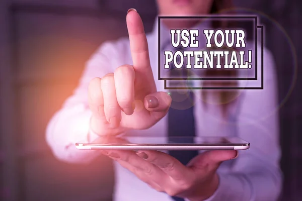 Word writing text Use Your Potential. Business concept for achieve as much natural ability makes possible Blurred woman in the background pointing with finger in empty space.