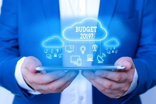 Signe texte montrant la question du budget 2019. Estimation conceptuelle des recettes et des dépenses pour l'année prochaine . — Photo