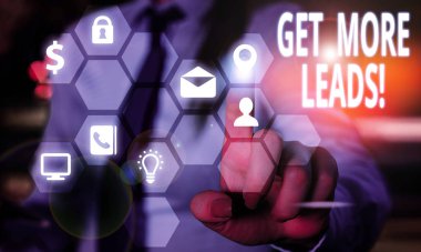 Kelime yazma metni Daha Fazla Müşteri Adayı alın. Tüketici çıkarı veya araştırma ürün veya hizmetleri için iş kavramı.